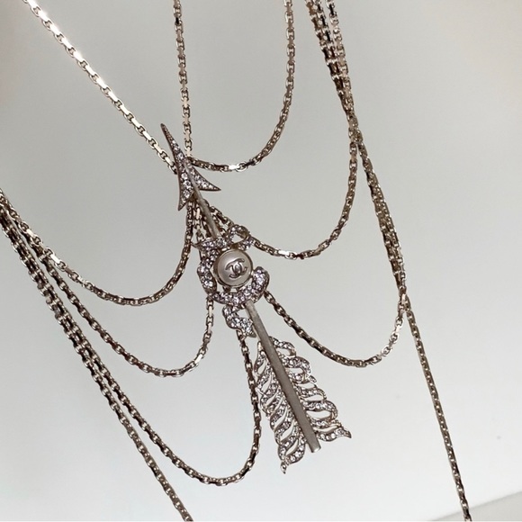 CHANEL Crystal Pearl Multi Strand Chain CC Arrow Necklace Gold - Picture 11 of 16